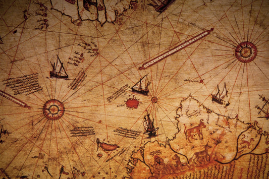 Section of the Piri Reis Map showing early 16th-century cartography with coastlines, ships, and mythical creatures.
