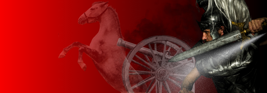 Red-toned artistic depiction of an ancient war scene with a horse, chariot, and soldier.