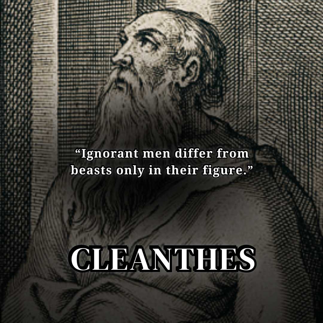 Etching of philosopher Cleanthes with the quote: “Ignorant men differ from beasts only in their figure.”